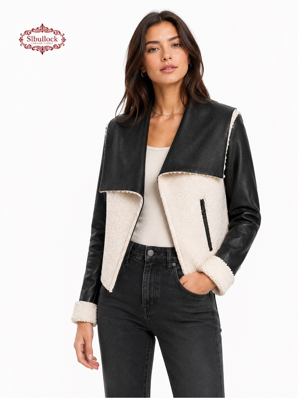 F7 FC Jeans Faux Leather Sherpa Moto Jacket Black Off-White Size 4
